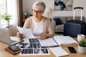 Focused Woman Organizing Travel Medical Documents