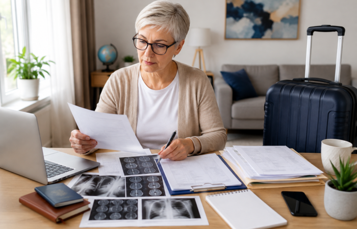 Focused Woman Organizing Travel Medical Documents