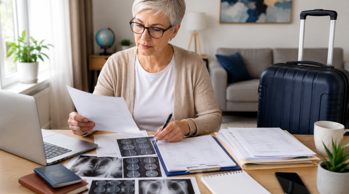 Focused Woman Organizing Travel Medical Documents